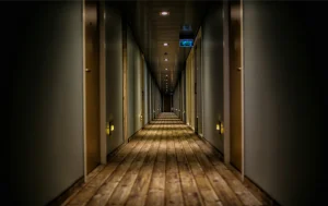 Slightly lightened hotel hallway